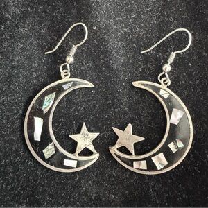 Vintage Silver Crescent Moon Star Earrings Abalone Inlay